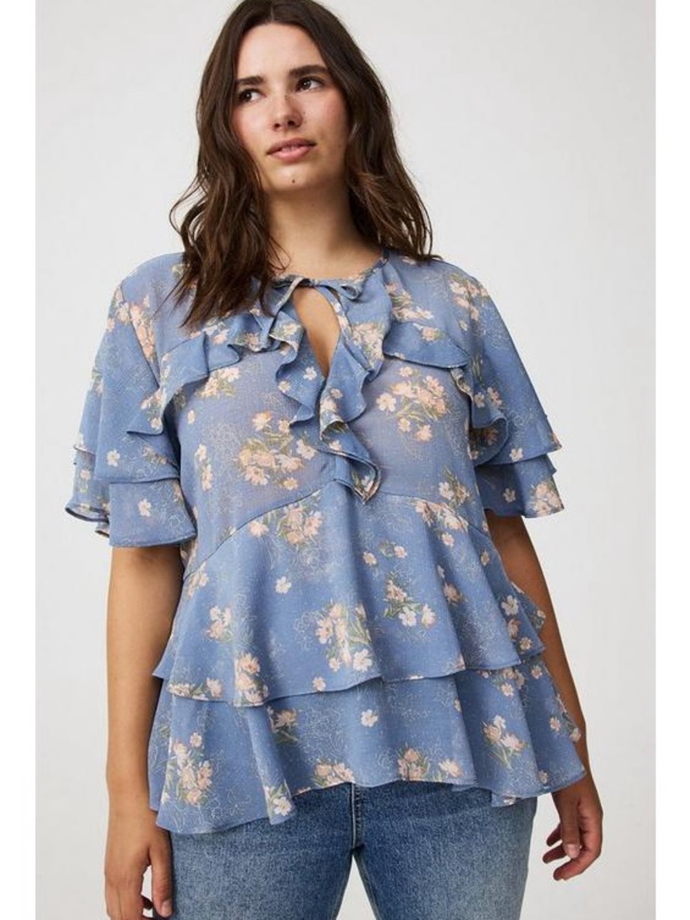 Torrid Blue and Yellow Tie Front Tiered Semi-Sheer Ruffle Blouse, Size 4x